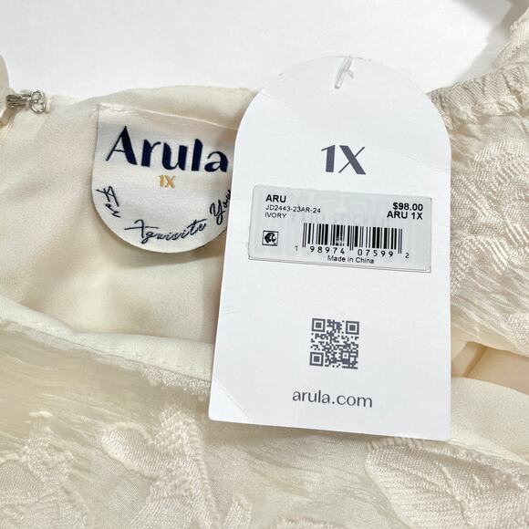 Arula Womens Mini Dress 1X Ivory Floral Cottagecore Boho Prairie Puff Sleeve - Picture 3 of 14